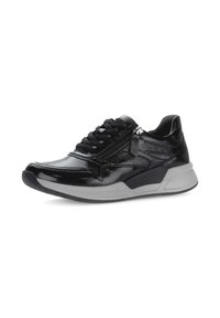 Sneakers atletici neri con tomaia in pelle verniciata lucida, design con lacci, cerniera laterale, intersuola grigia ammortizzata e dettagli neri testurizzati.