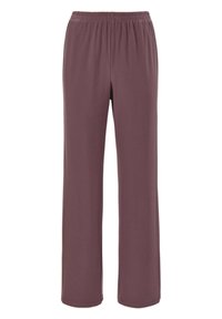 Losse, elastische taillebroek in gedempt mauve, met een gladde textuur en rechte pootontwerp, zonder zichtbare patronen of accenten.