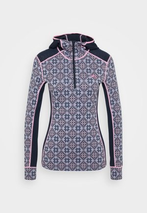 Pullover with a zippered neck, features a patterned grey body with pink accents and dark navy sleeves. Made of soft, warm fabric.