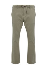 Olijfgroene broek van zacht katoen. Heeft een trekkoord in de taille en rechte pijpen zonder zichtbare patronen of accenten.