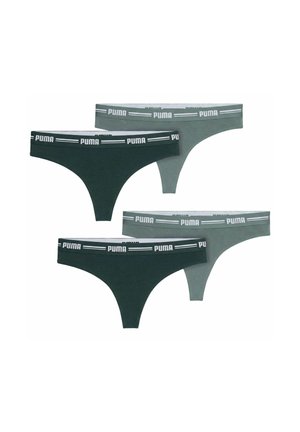 Vier Puma Damen-Strings in Dunkelgrün und Hellgrau, jeweils mit einem elastischen Bund mit dem Puma-Logo.