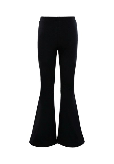 Leggings noires évasées avec un tissu lisse et extensible. Dispose d'une taille haute et d'une ouverture de jambe large qui s'évase.
