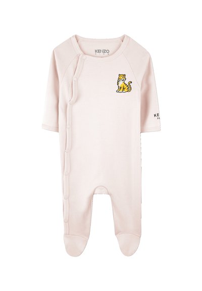 Bodysuit en coton rose clair pour bébé avec des manches courtes, orné d'une broderie de tigre sur la poitrine et de fermetures à pression sur le côté.