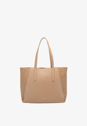 Borsa tote in pelle beige con pannelli laterali intrecciati, due manici a spalla e piccolo logo dorato "Gerry Weber" al centro anteriore.