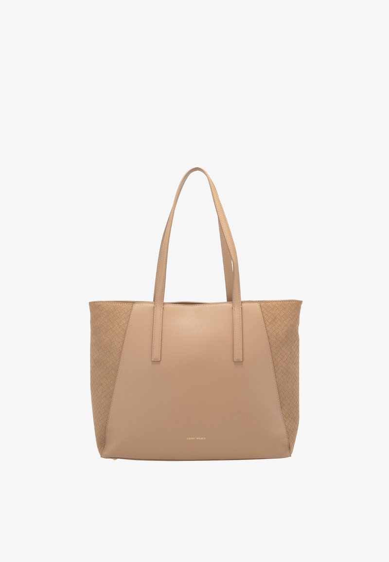 Sac fourre-tout en cuir beige avec des panneaux latéraux tissés, deux poignées de maintien et un petit logo doré "Gerry Weber" au centre avant.