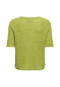 Pull vert clair en maille à manches courtes avec un ourlet droit et une texture subtile, présenté de dos sur fond blanc.