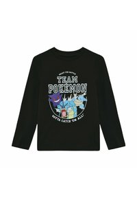 Schwarzes Langarmshirt mit buntem Pokémon-Design und dem Text "BEREIT FÜR DEN KAMPF TEAM POKEMON MUSS SIE ALLE FANGEN!" in Weiß und Blau.