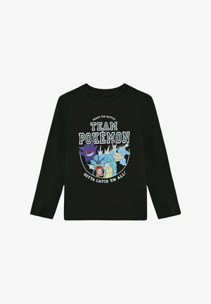 Schwarzes Langarmshirt mit buntem Pokémon-Design und dem Text "BEREIT FÜR DEN KAMPF TEAM POKEMON MUSS SIE ALLE FANGEN!" in Weiß und Blau.