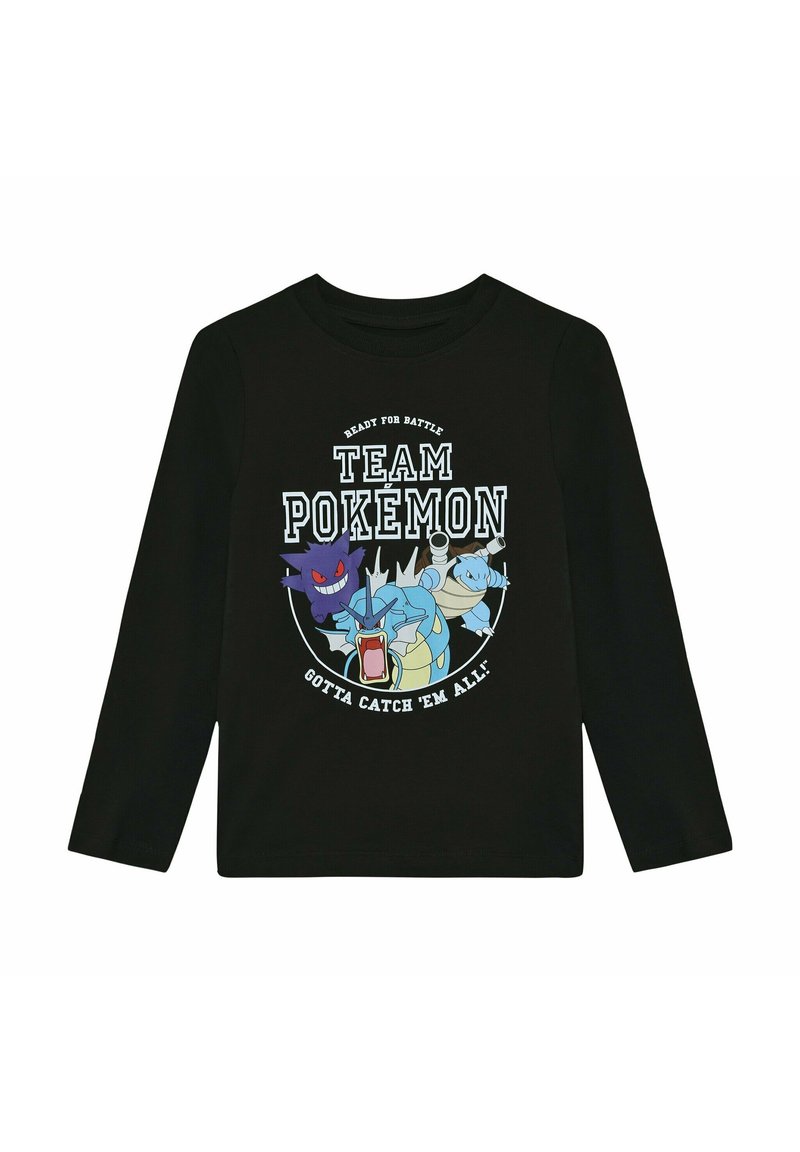 Schwarzes Langarmshirt mit buntem Pokémon-Design und dem Text "BEREIT FÜR DEN KAMPF TEAM POKEMON MUSS SIE ALLE FANGEN!" in Weiß und Blau.
