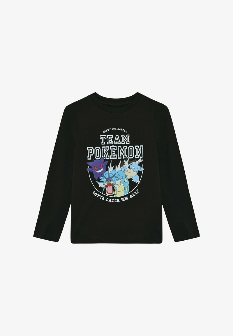 Schwarzes Langarmshirt mit buntem Pokémon-Design und dem Text "BEREIT FÜR DEN KAMPF TEAM POKEMON MUSS SIE ALLE FANGEN!" in Weiß und Blau.
