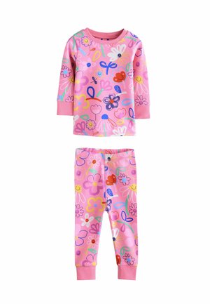 Lyserød pyjamas-sæt med langærmet bluse og bukser, dekoreret med flerfarvede blomster mønstre og en glat, blød stofstruktur.