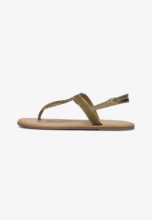 Gold woven thong sandal with a flat tan sole, adjustable strap with buckle, and smooth texture, designed for casual wear.