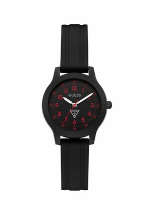 Melns Guess roku pulkstenis ar sarkaniem cipariem un minūšu atzīmēm, baltām stundu un minūšu rādītājiem un melnu silikona siksniņu.