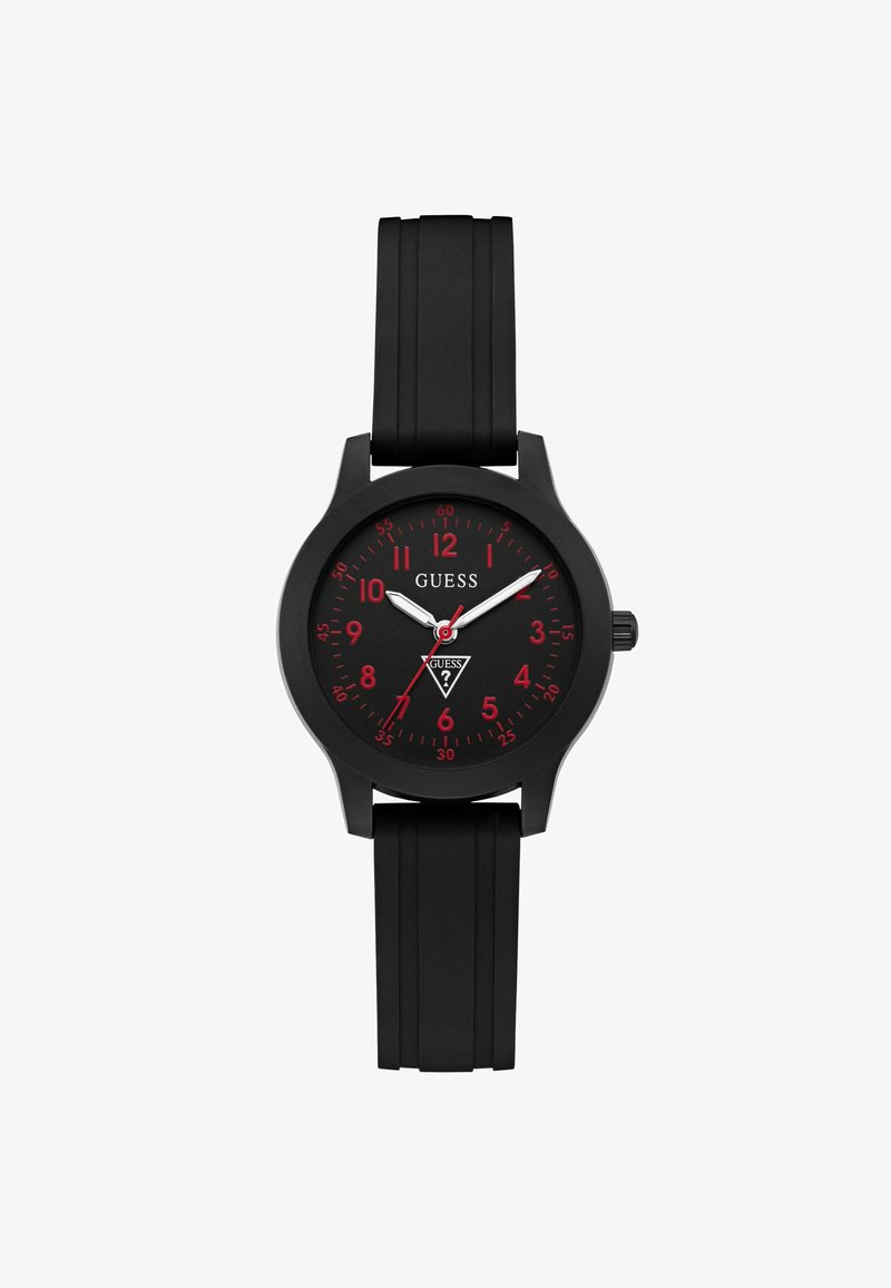 Orologio da polso Guess nero con numeri e indicatori dei minuti rossi, lancette delle ore e dei minuti bianche, e cinturino in silicone nero.