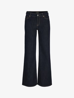 Vaqueros acampanados de color azul oscuro con bolsillos delanteros, trabillas para cinturón, cierre de botón y logo JJXX en la cintura interior.