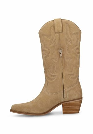 Tan suede mid-calf Western-style boot with decorative stitching, side zipper, and stacked wooden block heel.