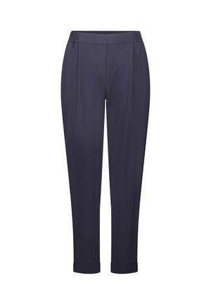Pantalon bleu marine avec taille élastique, coupe effilée et ourlets retroussés. Tissu lisse avec deux plis avant et sans poches visibles.