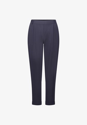 Pantalon bleu marine avec taille élastique, coupe effilée et ourlets retroussés. Tissu lisse avec deux plis avant et sans poches visibles.