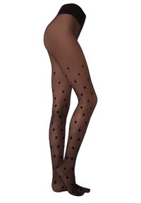 Schwarze Polka-Dots-Strumpfhosen aus transparentem Material, mit großen schwarzen Punkten, die gleichmäßig auf einem hellen, beige Hintergrund angeordnet sind, und einem festen schwarzen Taillenbund.