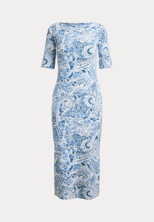 Robe mi-longue à motifs cachemire floraux bleu et blanc, manches courtes et silhouette ajustée.