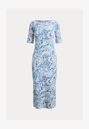 Robe mi-longue à motifs cachemire floraux bleu et blanc, manches courtes et silhouette ajustée.