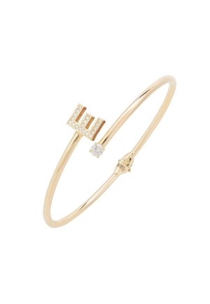 Gold-tone bangle bracelet featuring a diamond-like accent and a textured letter "E" design encrusted with small clear stones.
