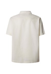 Chemise beige clair à manches courtes avec un col classique, vue de dos sur fond blanc.