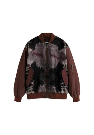 Bomber jacket featuring a quilted maroon fabric, abstract black and gray print on the front, ribbed collar, and zippered pockets.