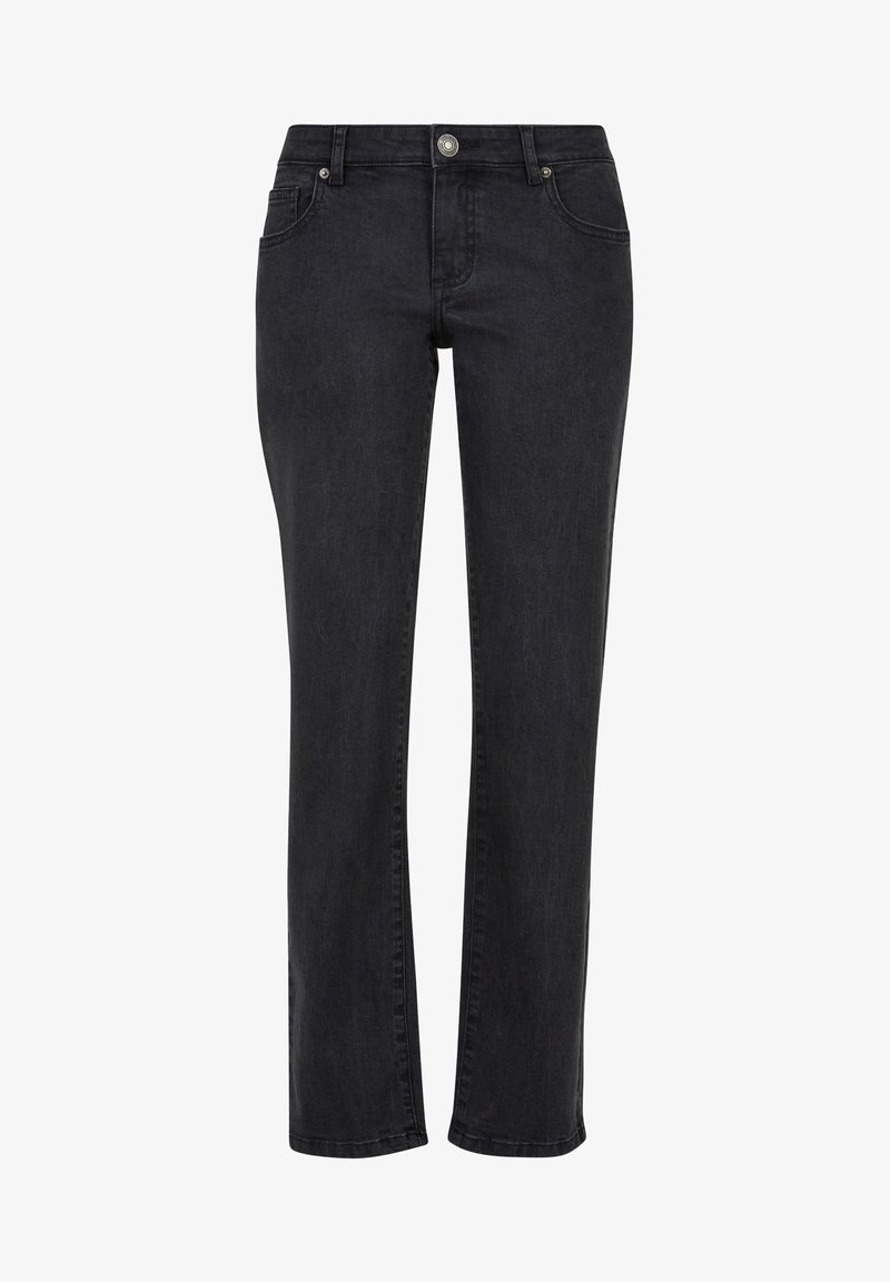 Jean droit noir en denim, doté de cinq poches, d'une fermeture à bouton et de détails de couture discrets.