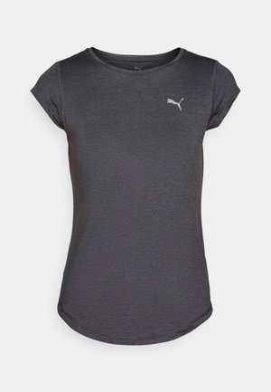 Gray athletic t-shirt with short sleeves, round neckline, and a subtle logo accent on the chest. Made from a smooth, lightweight fabric.
