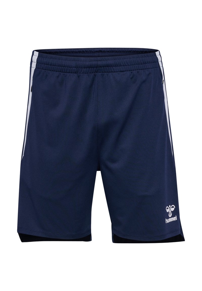 Marineblaues Sportshorts aus leichtem Material, mit weißen Seitenstreifen und einem Logo in der unteren rechten Ecke. Elastischer Bund.