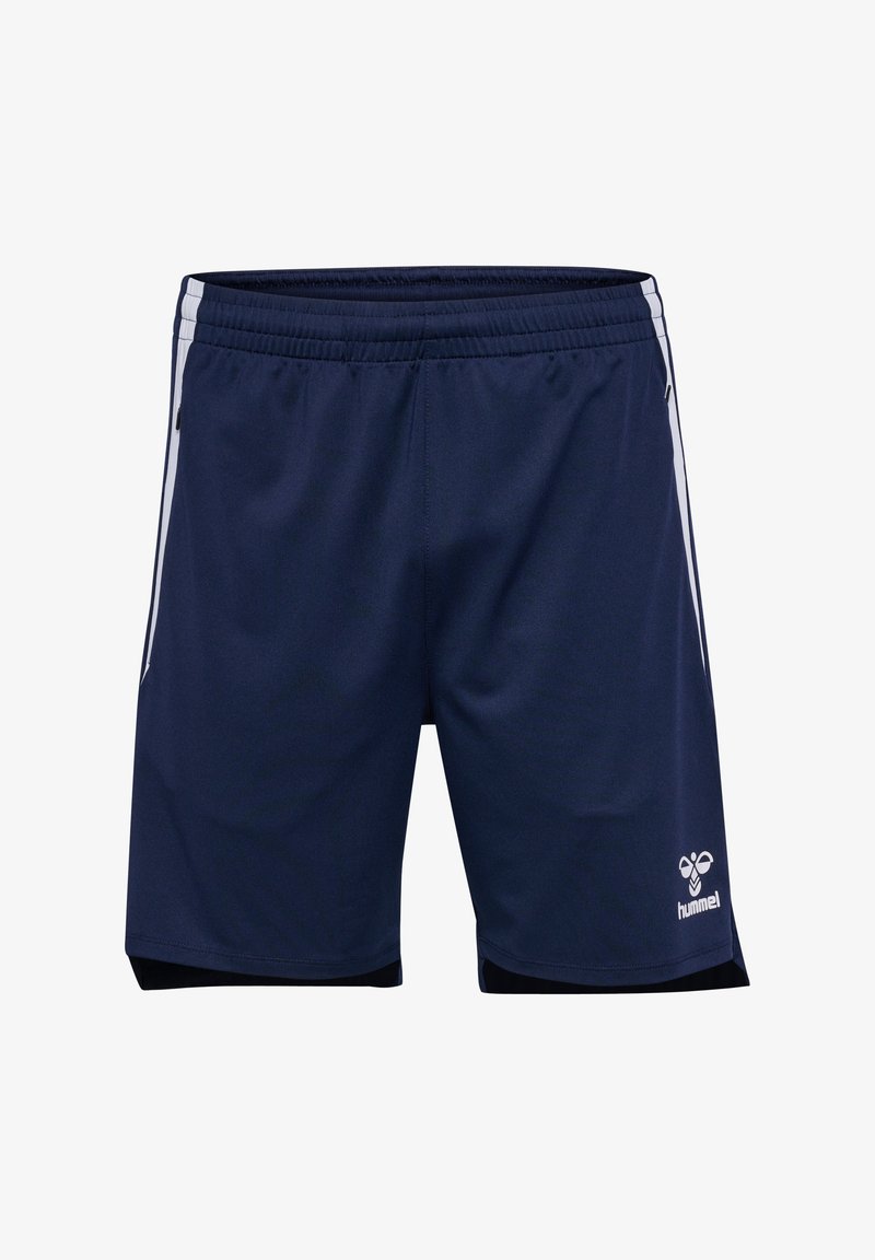 Marineblaues Sportshorts aus leichtem Material, mit weißen Seitenstreifen und einem Logo in der unteren rechten Ecke. Elastischer Bund.