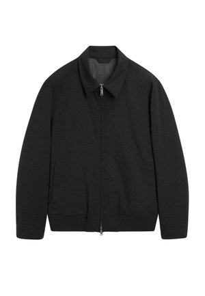 Black casual jacket with collar, front zipper, two side pockets, and ribbed cuffs and hem, laid flat against white background.