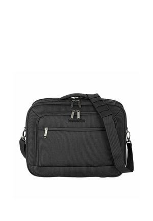 Bolsa rectangular negra para portátil con múltiples compartimentos con cremallera y una correa de hombro ajustable con acolchado.