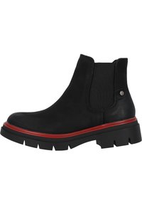 Botín negro de cuero con paneles laterales elásticos, acento rojo en la suela y una suela de goma texturizada para mayor tracción.