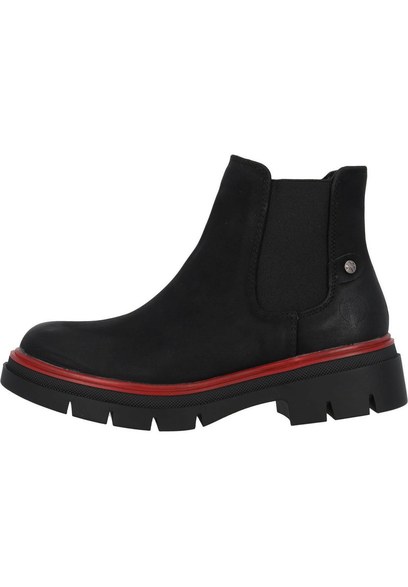 Botín negro de cuero con paneles laterales elásticos, acento rojo en la suela y una suela de goma texturizada para mayor tracción.