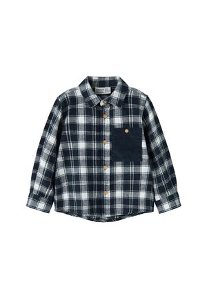 Schwarz-weiß karierte Langarm-Hemdjacke mit Holzknöpfen und einer einzelnen schwarzen Brusttasche mit Knopf.