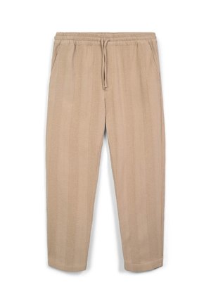 Pantaloni in maglia beige con vita elastica e cordoncino, caratterizzati da righe testurizzate verticali e tasche laterali.