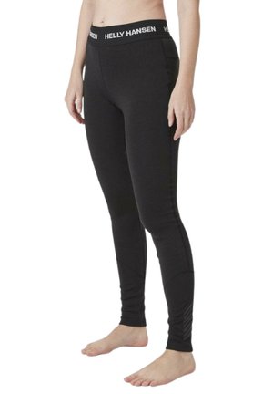 Czarne legginsy z elastycznego, gładkiego materiału z wysokim stanem, na którym znajduje się biały napis "Helly Hansen". Mają dopasowany krój i subtelne detale szwów.
