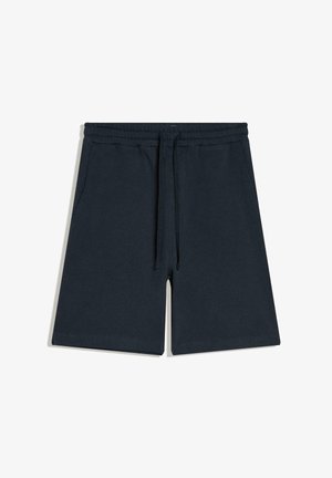 Tmavomodré pohodlné šortky s elastickým pásom, nastaviteľným sťahovacím šnúrkou, bočnými vreckami a rovnými lemami, vhodné na každodenné nosenie.