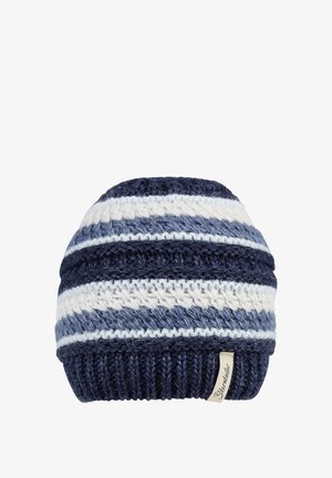 Knitted beanie with navy, light blue, and white stripes. Features textured fabric and a folded ribbed brim. Stamped tag on the side.