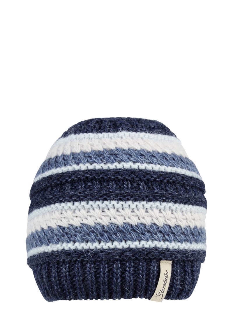 Knitted beanie with navy, light blue, and white stripes. Features textured fabric and a folded ribbed brim. Stamped tag on the side.