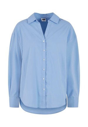 Cămașă button-up albastru deschis, cu guler, mâneci lungi și margine rotunjită. Fabricată dintr-un material neted, cu un croi ușor relaxat și fără modele vizibile.