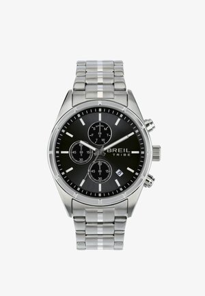 Orologio in acciaio inox argento con quadrante nero, dotato di tre sotto-quadranti, display della data e bracciale a maglie metalliche. Notevole per il suo design elegante.