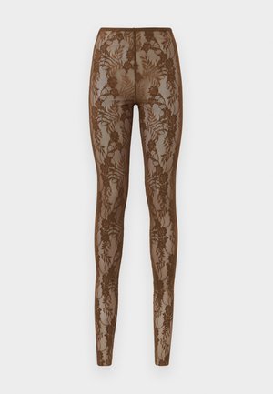 Legging en dentelle marron avec un motif floral, offrant une texture transparente et une coupe ajustée. Taille haute pour un maintien optimal, coutures lisses.