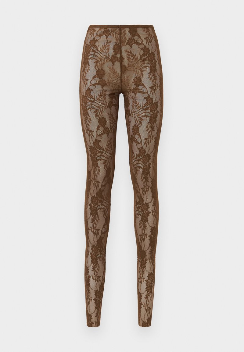 Braune Spitzen-Leggings mit floralem Muster, die über eine transparente Textur und ein enganliegendes Design verfügen. Hoher Bund für einen perfekten Sitz, glatt an den Nähten.