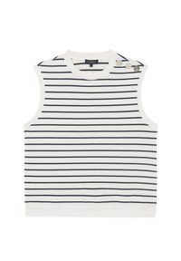 Top sin mangas blanco con rayas horizontales en azul marino. La tela es suave y con una textura acanalada. Incluye tres botones plateados en el hombro izquierdo.