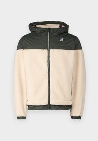 Giacca in felpa e nylon con cappuccio, caratterizzata da un corpo crema e maniche verde oliva. Chiusura frontale con zip, polsini elasticizzati e dettaglio del logo sul petto.