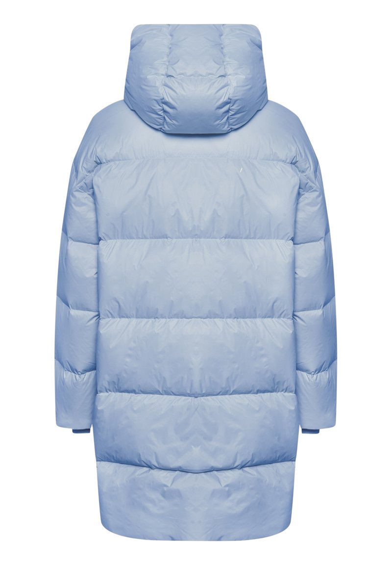 Hellblauer Daunenjacke mit hoch angesetzter, weicher Kapuze, gestepptem Design und schlanker Silhouette in mittlerer Oberschenkellänge.