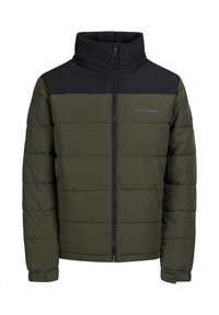 Olive green puffer jacket with a black zippered mock neck, quilted sections, and adjustable cuffs. Features a logo on the chest.